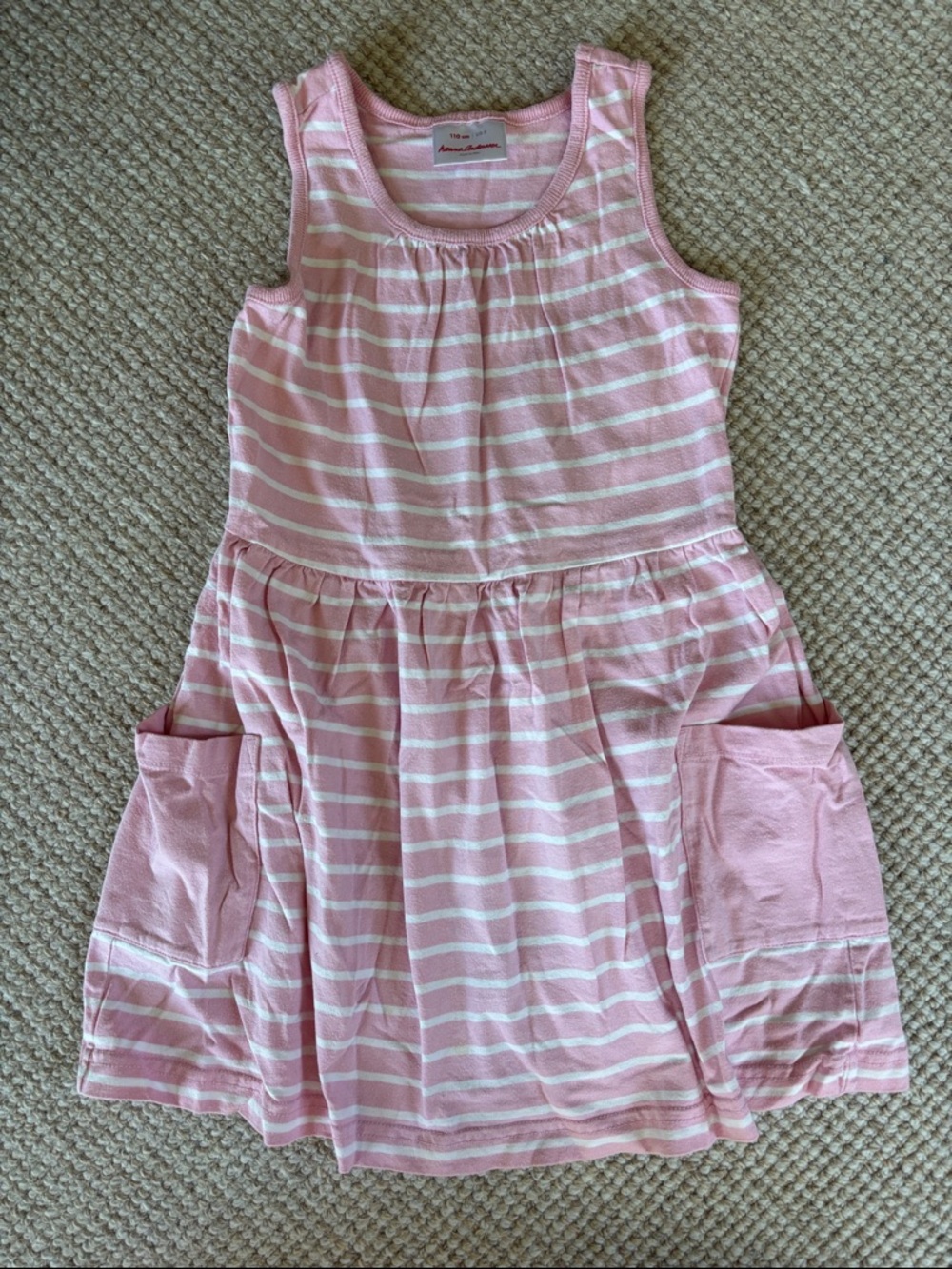 Hanna Andersson Pink & White Stripe Tank Dress with Side Pockets, size 5 110 cm